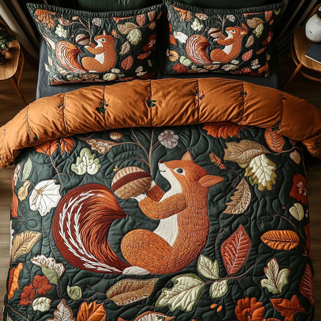 Squirrel in Autumn Glow quilted 3-piece bedding set on a made bed with two matching pillow shams