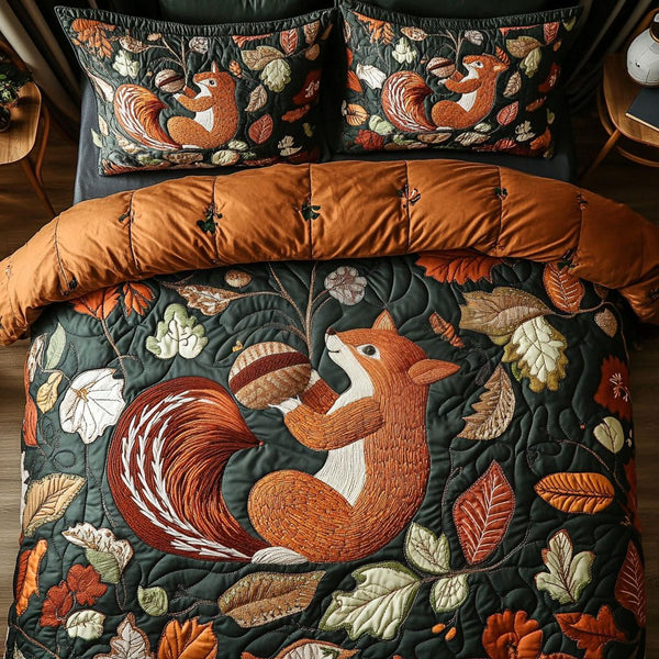 Squirrel in Autumn Glow quilted 3-piece bedding set on a made bed with two matching pillow shams