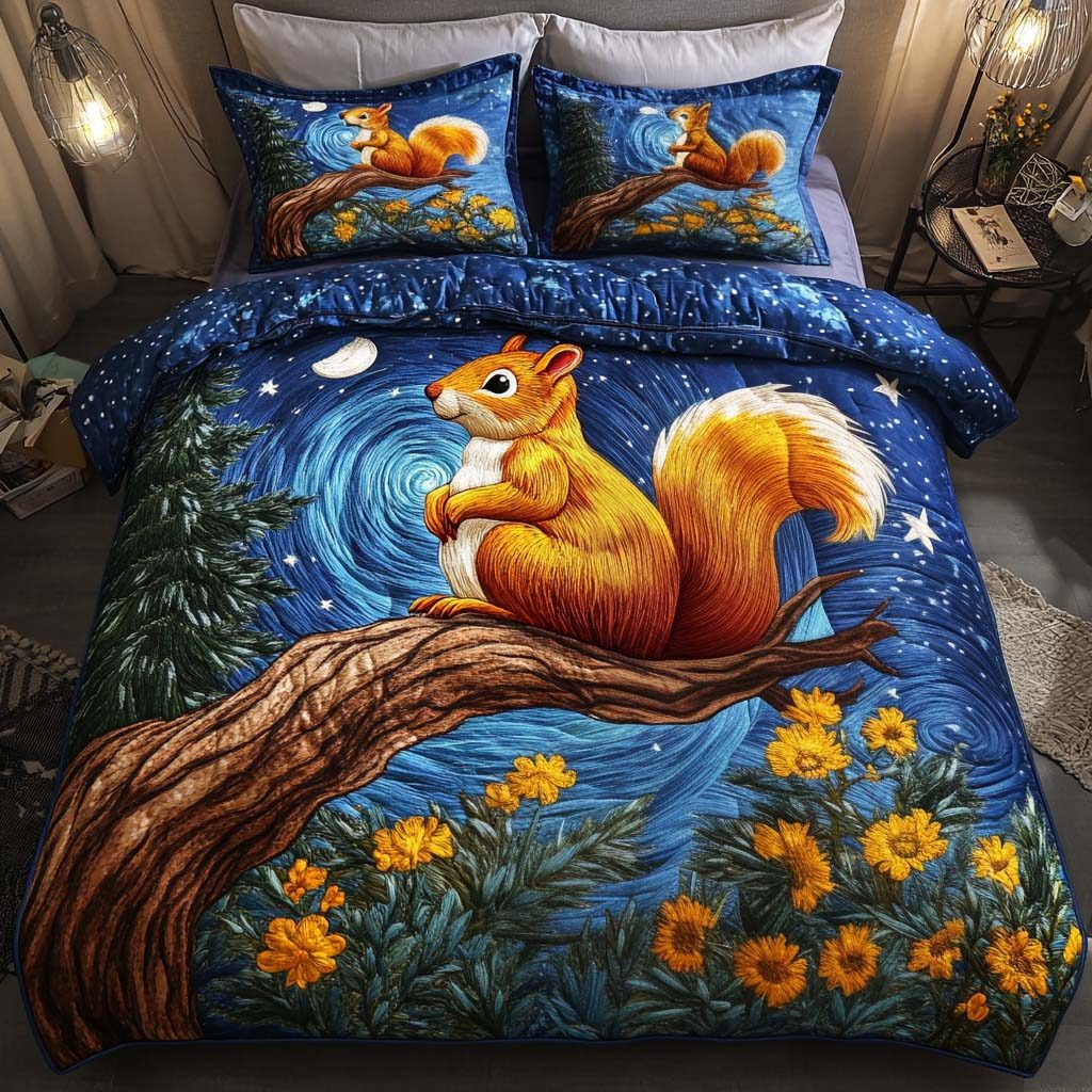 Squirrel Whimsy quilted 3-piece bedding set on a made bed with two matching pillow shams