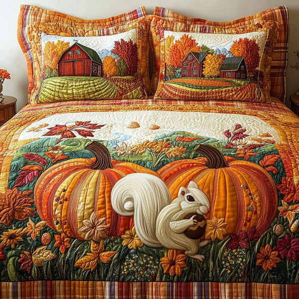 Squirrels Harvest quilted 3-piece bedding set on a made bed with two matching pillow shams