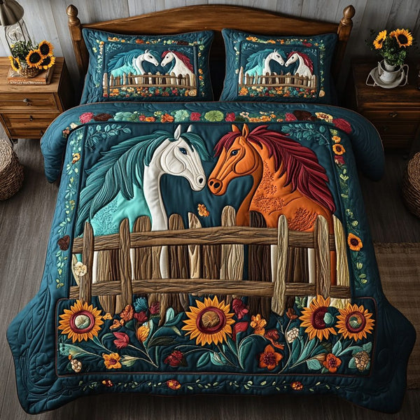 Stable Blooms quilted 3-piece bedding set on a made bed with two matching pillow shams