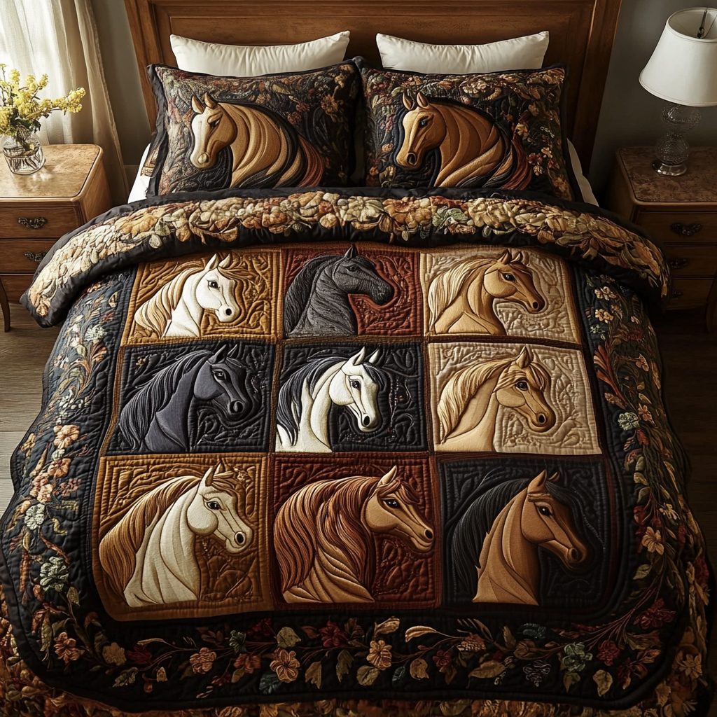 Stable Charm quilted 3-piece bedding set on a made bed with two matching pillow shams
