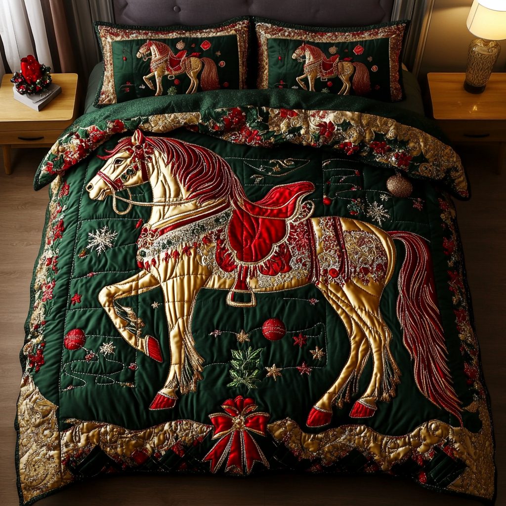 Stable Dreams quilted 3-piece bedding set on a made bed with two matching pillow shams