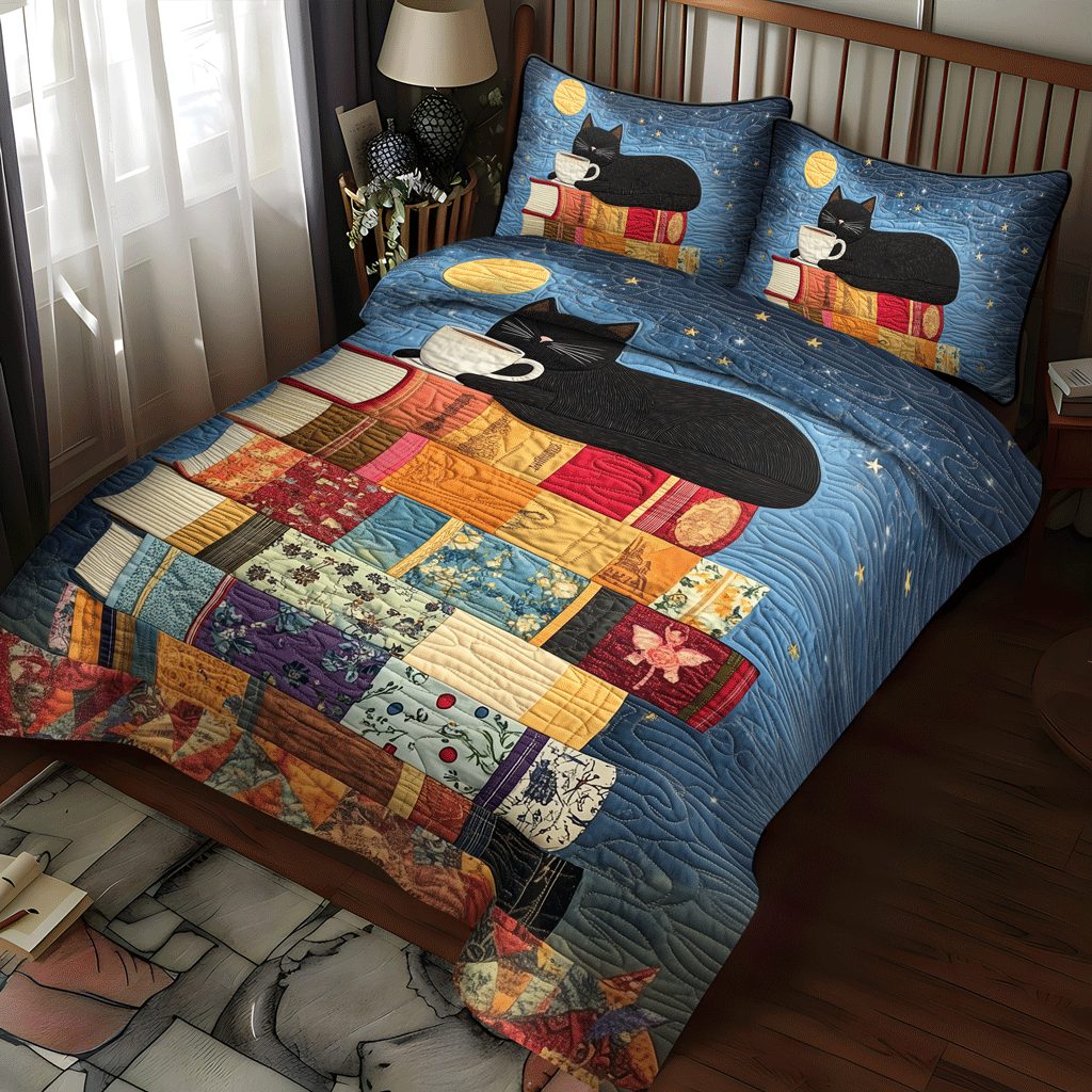 Stacked Stories quilted 3-piece bedding set on a made bed with two matching pillow shams
