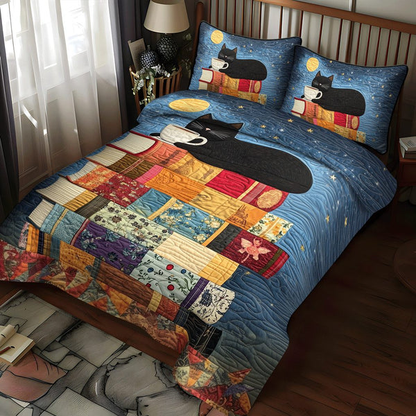 Stacked Stories quilted 3-piece bedding set on a made bed with two matching pillow shams