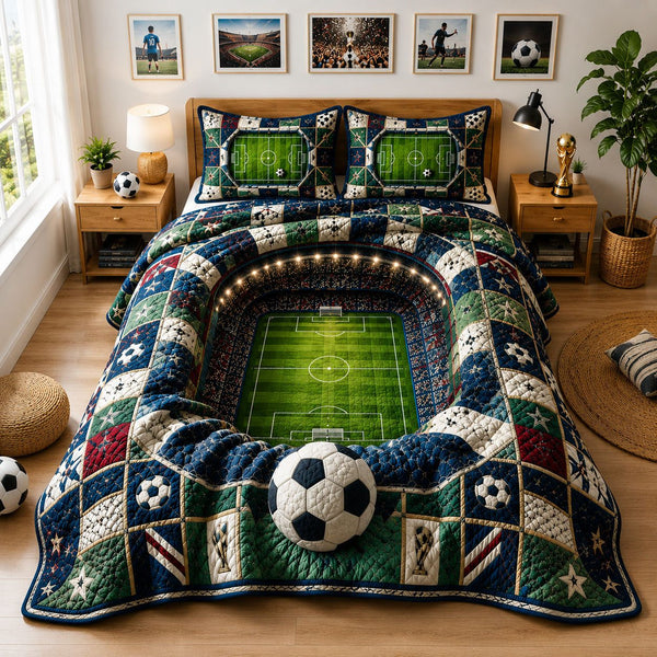 Stadium Arena Soccer Field quilted 3-piece bedding set on a made bed with two matching pillow shams