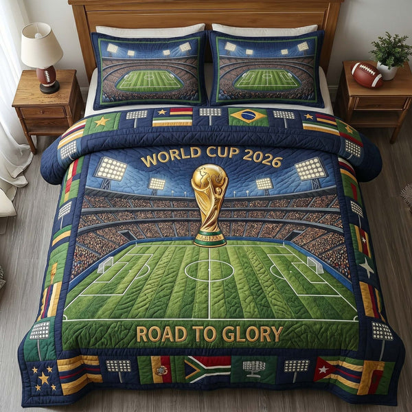 Stadium Glory Field quilted 3-piece bedding set on a made bed with two matching pillow shams
