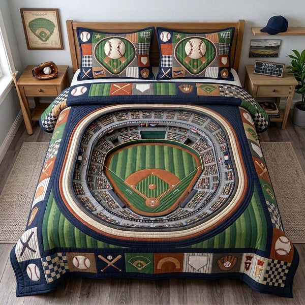 Stadium Memory quilted 3-piece bedding set on a made bed with two matching pillow shams