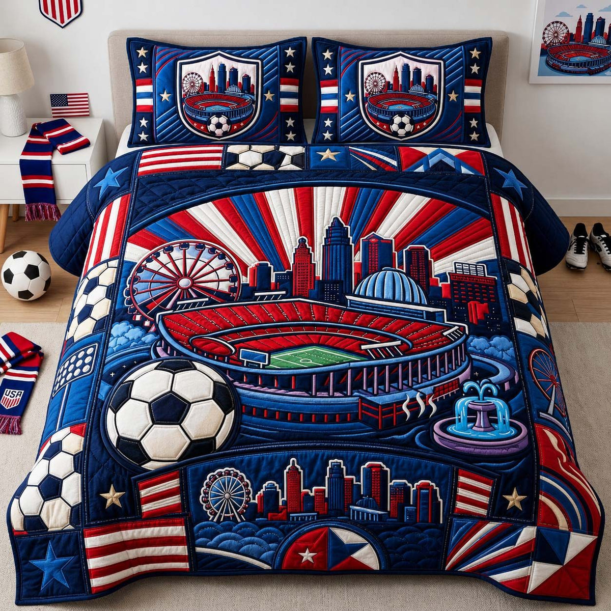 Stadium Soccer Skyline quilted 3-piece bedding set on a made bed with two matching pillow shams