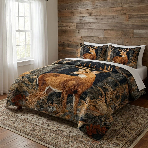 Stag Meadow quilted 3-piece bedding set on a made bed with two matching pillow shams