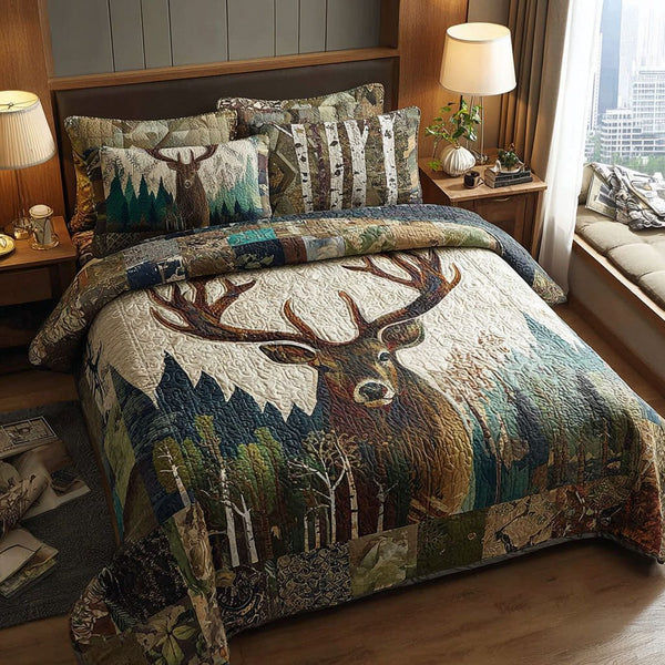 Stag Quest quilted 3-piece bedding set on a made bed with two matching pillow shams