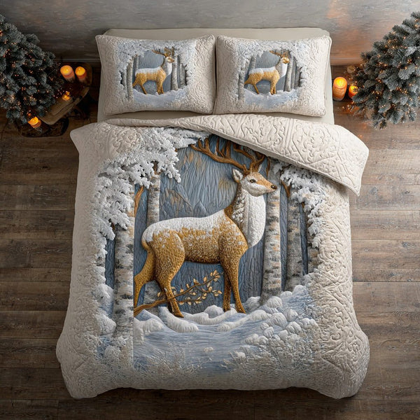 Stag Refuge quilted 3-piece bedding set on a made bed with two matching pillow shams