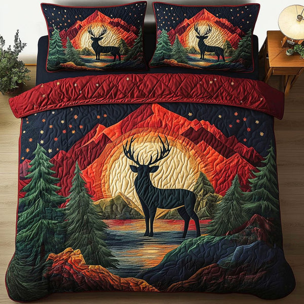 Stag Spirit quilted 3-piece bedding set on a made bed with two matching pillow shams