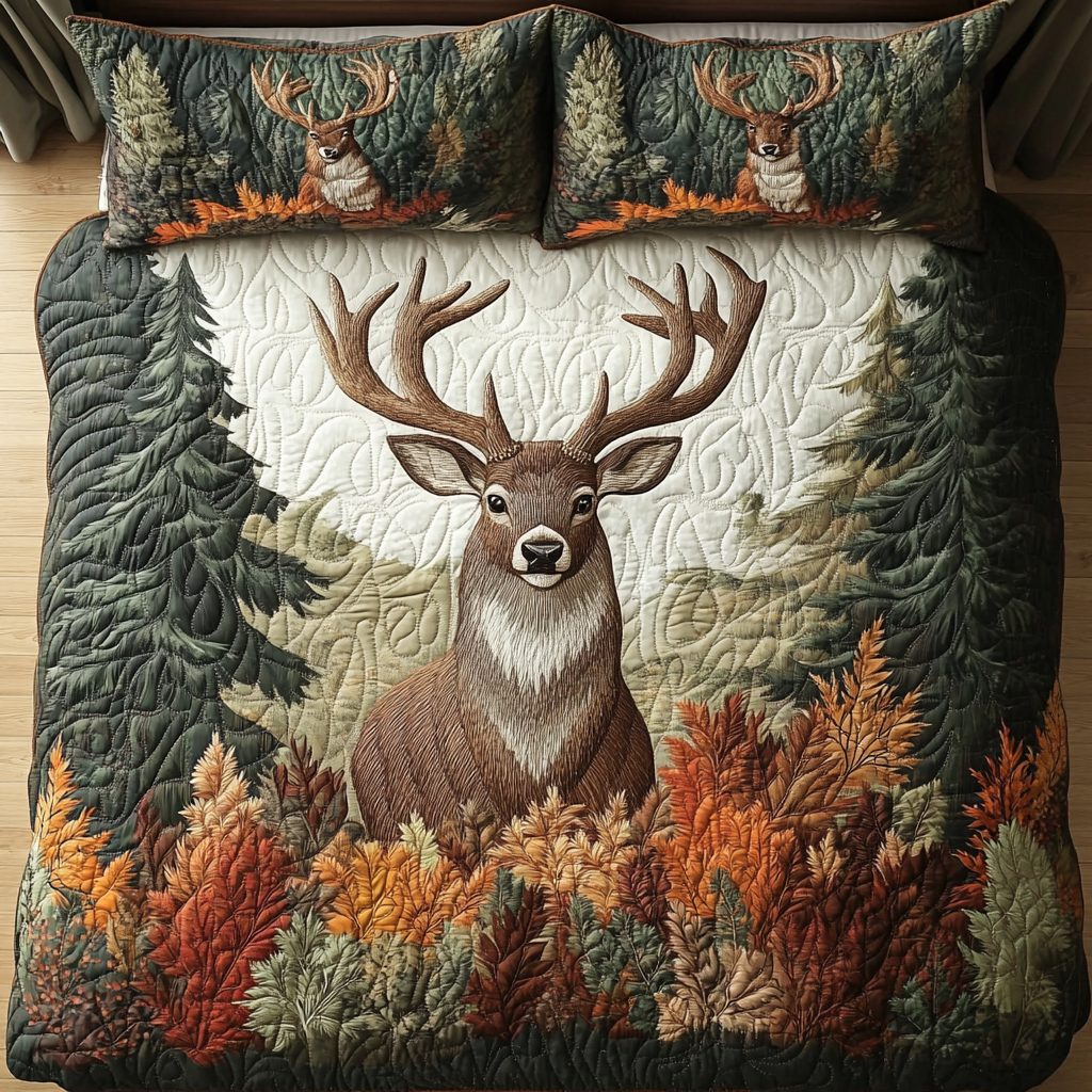 Stag Tracks quilted 3-piece bedding set on a made bed with two matching pillow shams