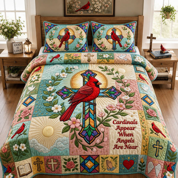 Stained Glass Cross quilted 3-piece bedding set on a made bed in a softly lit bedroom