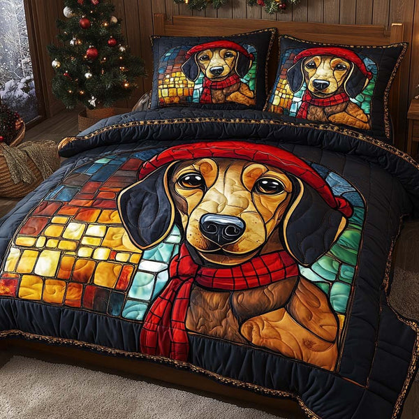 Stained Glass Dachshund quilted 3-piece bedding set on a made bed with two matching pillow shams