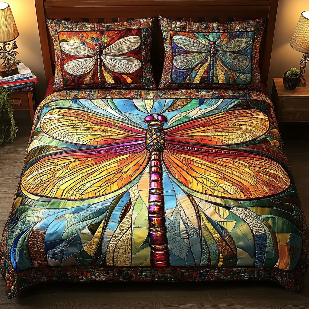 Stained Glass Dragonfly quilted 3-piece bedding set on a made bed with two matching pillow shams