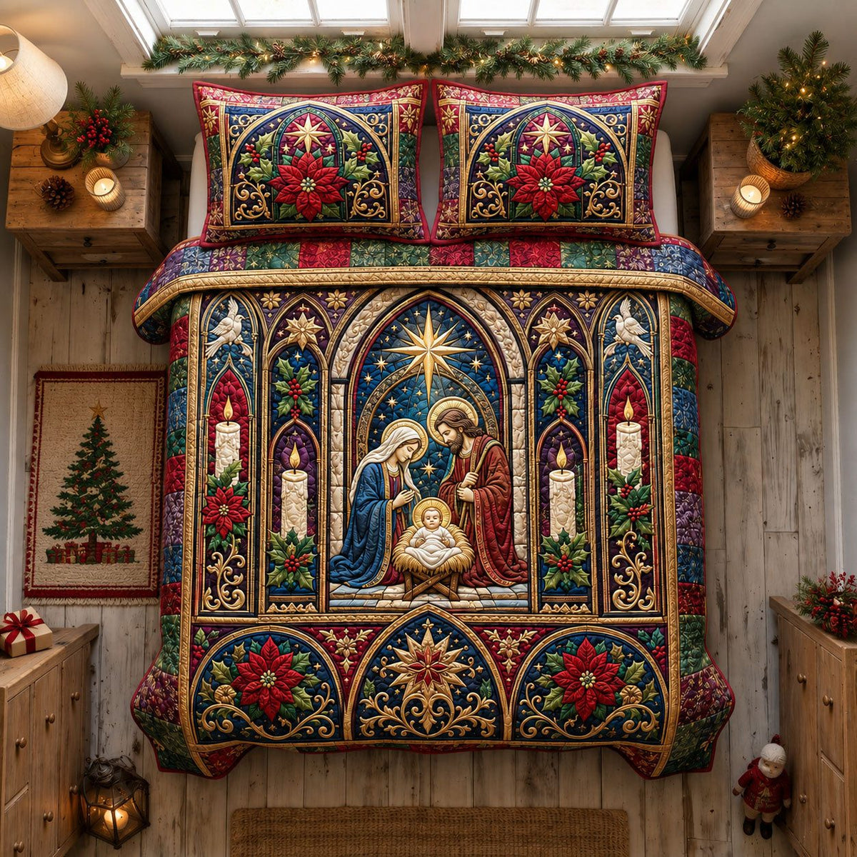 Stained Glass Nativity Chapel quilted 3-piece bedding set on a made bed in a winter-styled bedroom