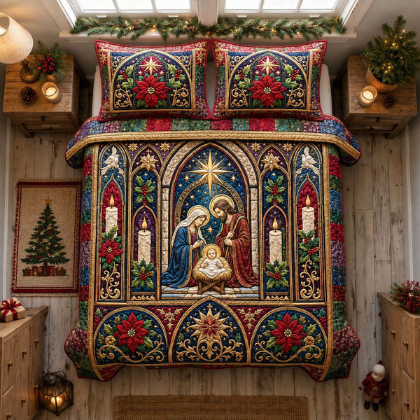 Stained Glass Nativity Chapel quilted 3-piece bedding set on a made bed in a winter-styled bedroom