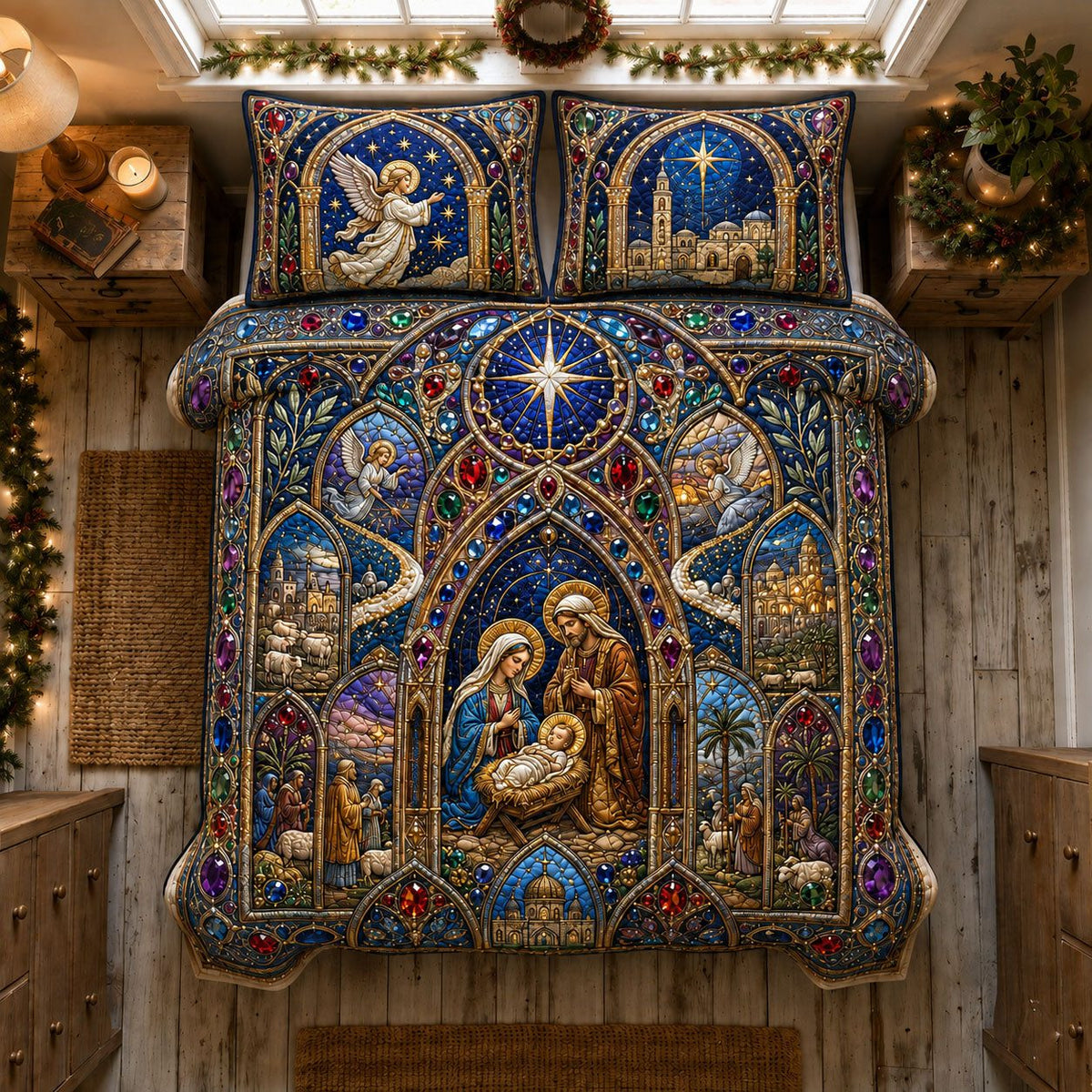 Stained Glass Nativity quilted 3-piece bedding set on a made bed in a winter-styled bedroom