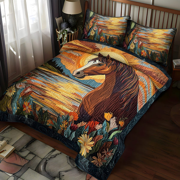 Stallion Grace quilted 3-piece bedding set on a made bed in a rustic timber bedroom