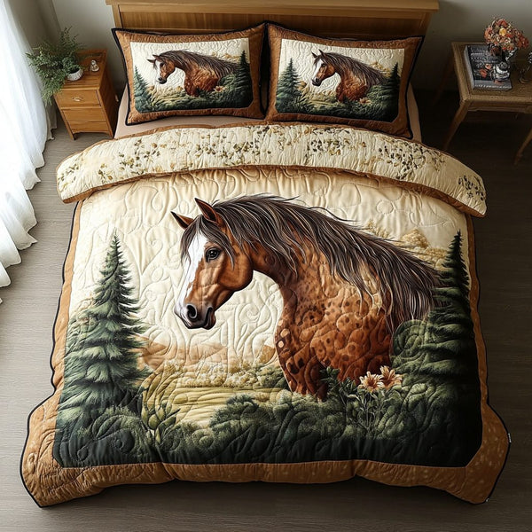 Stallion Pride quilted 3-piece bedding set on a made bed in a rustic timber bedroom
