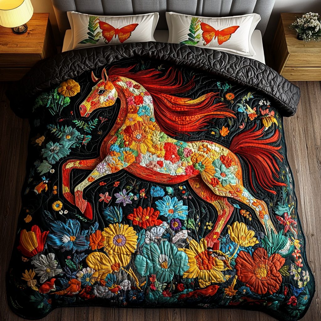 Stallion Serenity quilted 3-piece bedding set on a made bed in a rustic timber bedroom