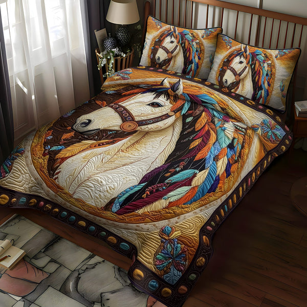 Stallion Spirit quilted 3-piece bedding set on a made bed in a rustic timber bedroom