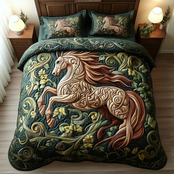 Stallion Spirit quilted 3-piece bedding set on a made bed in a rustic timber bedroom