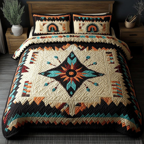 Stallion Starburst quilted 3-piece bedding set on a made bed in a rustic timber bedroom