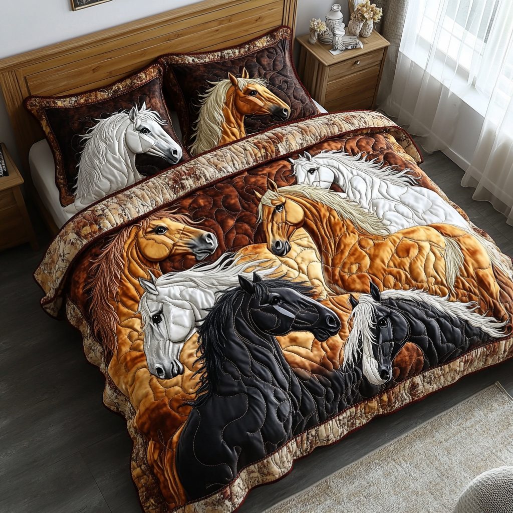Stallion Symphony quilted 3-piece bedding set on a made bed in a rustic timber bedroom