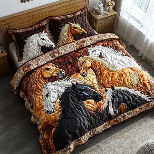 Stallion Symphony quilted 3-piece bedding set on a made bed in a rustic timber bedroom