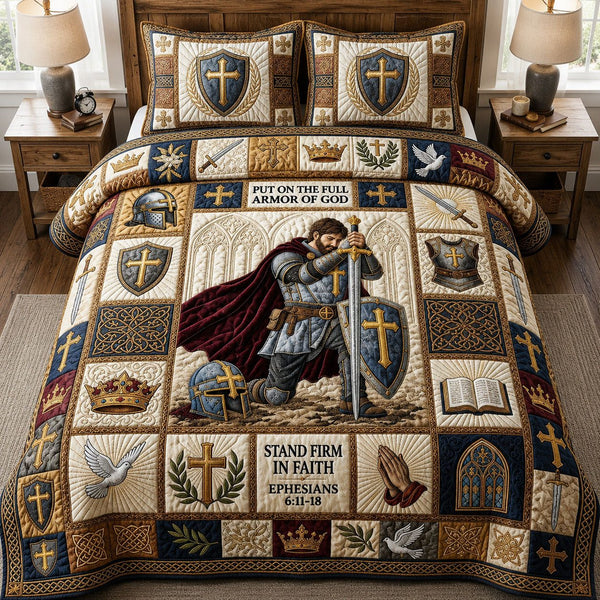 Stand Firm In Faith quilted 3-piece bedding set on a made bed in a softly lit bedroom