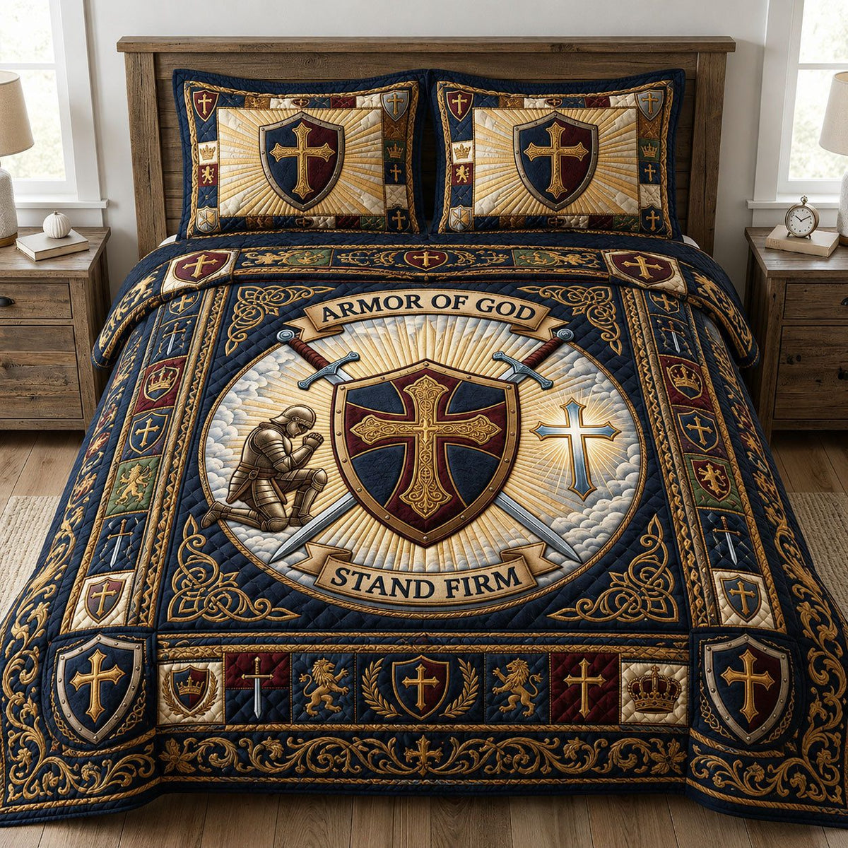 Stand Firm quilted 3-piece bedding set on a made bed with two matching pillow shams