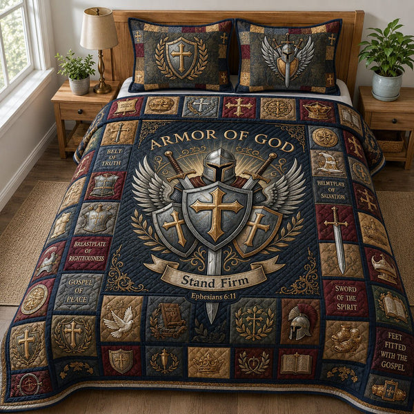 Stand Firm quilted 3-piece bedding set on a made bed with two matching pillow shams