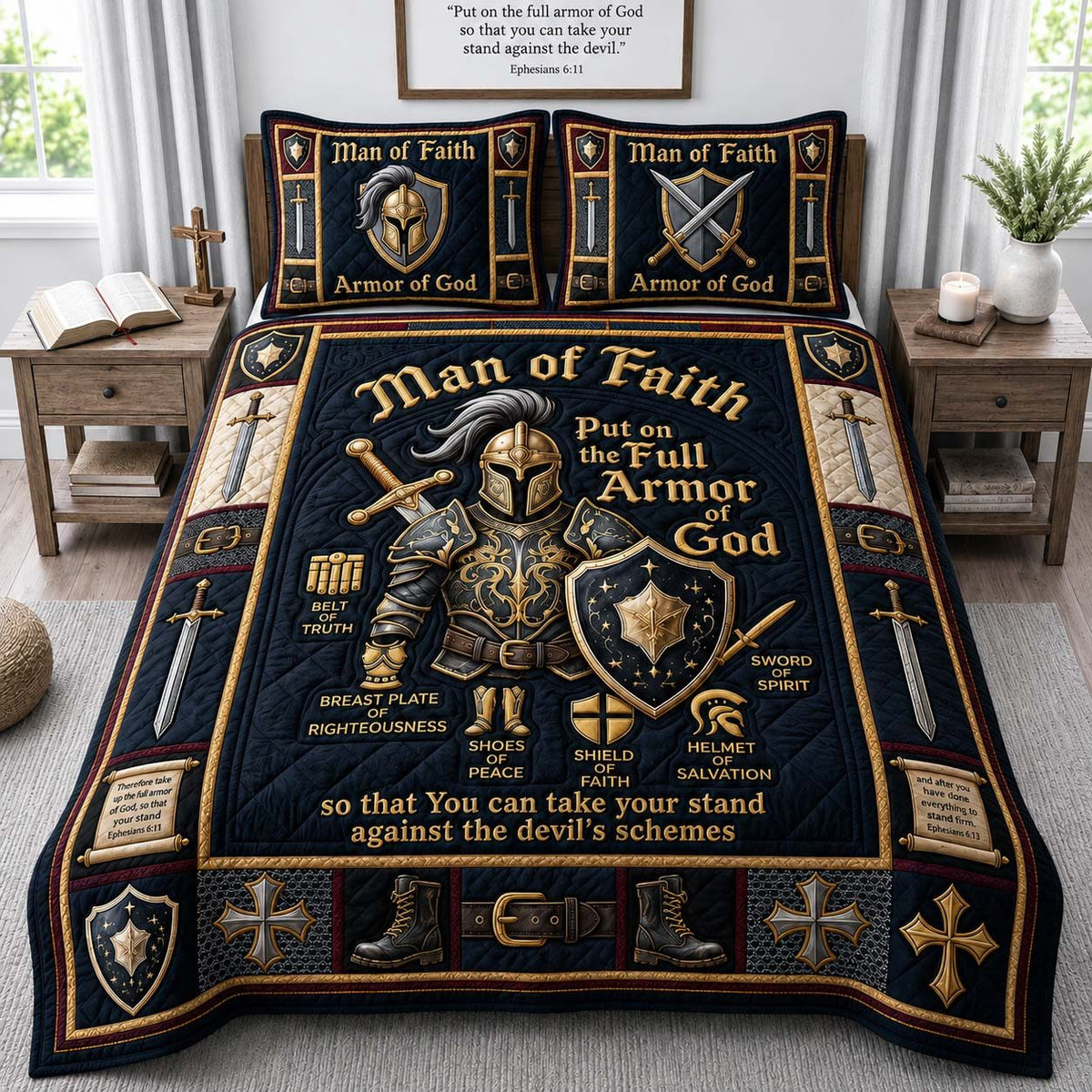 Stand Firm Warrior quilted 3-piece bedding set on a made bed with two matching pillow shams