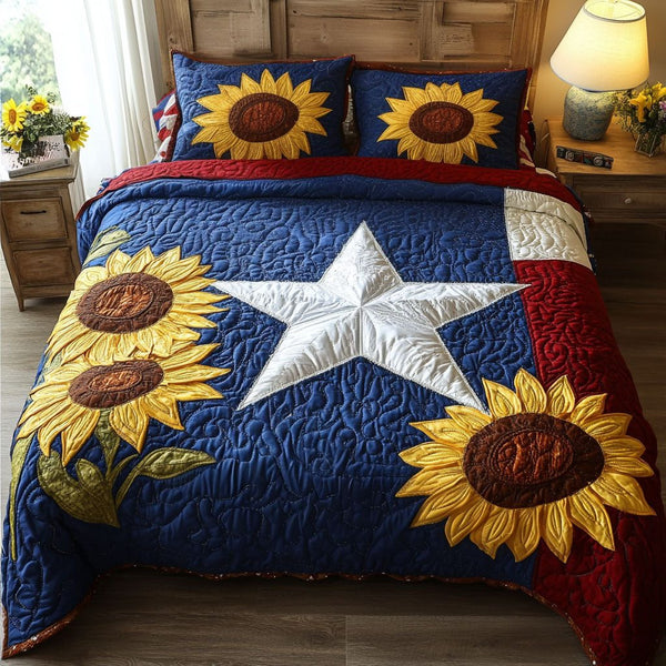 Star and Sunflowers quilted 3-piece bedding set on a made bed with two matching pillow shams