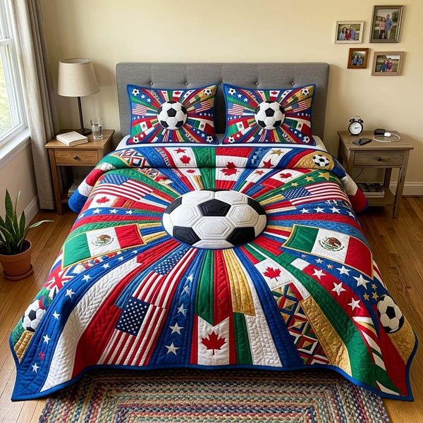 Star Ball quilted 3-piece bedding set on a made bed with two matching pillow shams