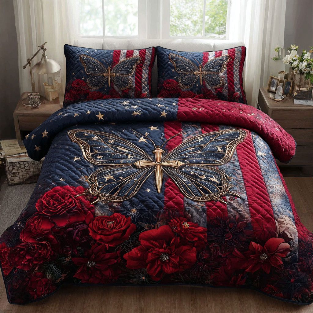 Star Butterfly quilted 3-piece bedding set on a made bed with two matching pillow shams