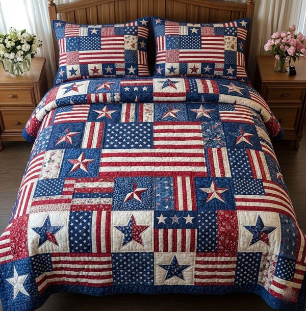 Star Glory quilted 3-piece bedding set on a made bed with two matching pillow shams