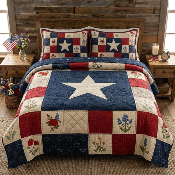 Star Heritage quilted 3-piece bedding set on a made bed in a farmhouse bedroom