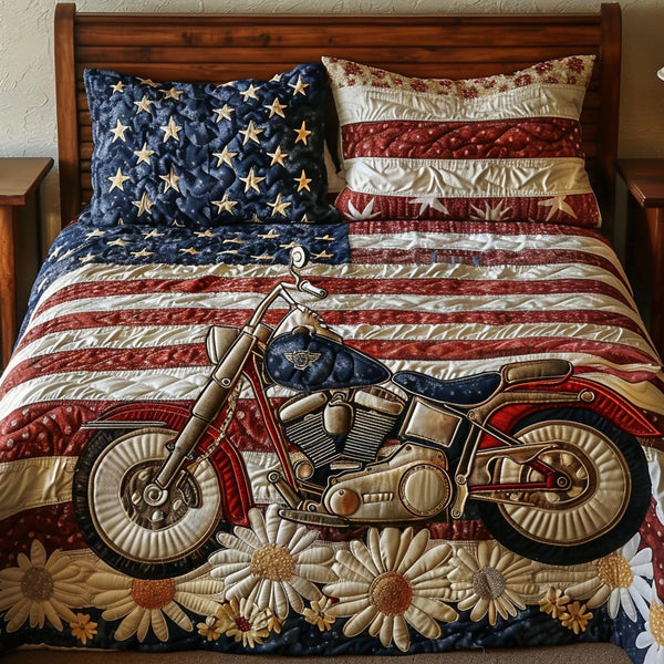 Star Motorcycle quilted 3-piece bedding set on a made bed with two matching pillow shams