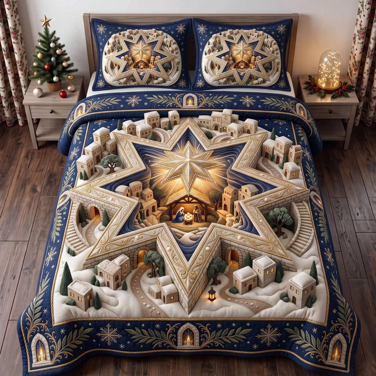 Star Nativity quilted 3-piece bedding set on a made bed in a winter-styled bedroom