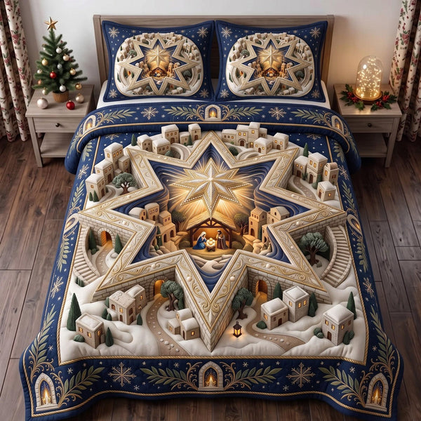 Star Nativity quilted 3-piece bedding set on a made bed in a winter-styled bedroom