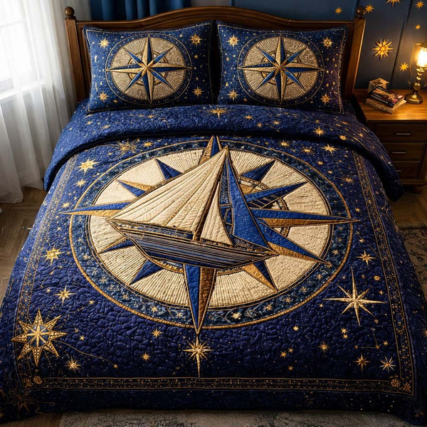 Star Navigator quilted 3-piece bedding set on a made bed with two matching pillow shams