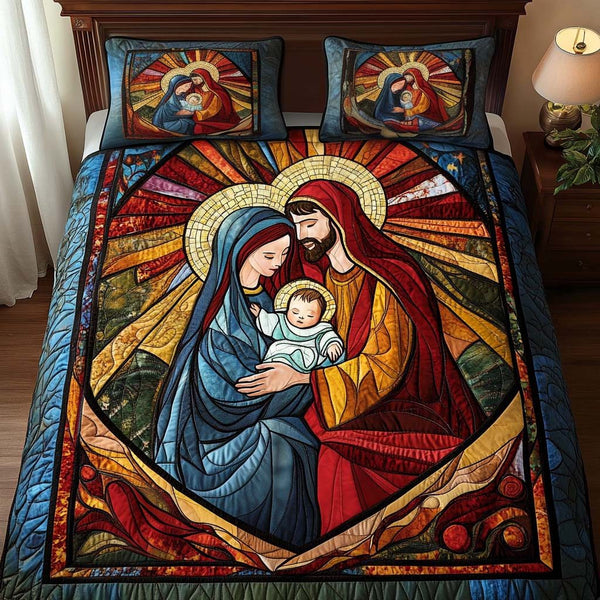 Star Of Bethlehem quilted 3-piece bedding set on a made bed with two matching pillow shams