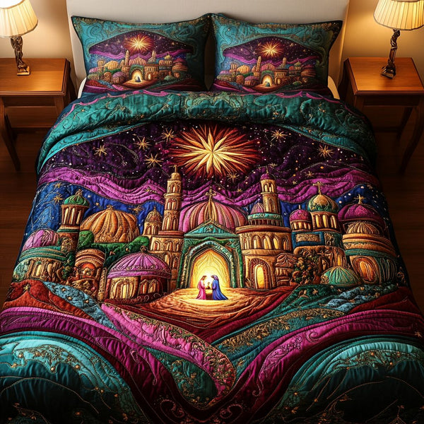 Star of Bethlehem quilted 3-piece bedding set on a made bed with two matching pillow shams