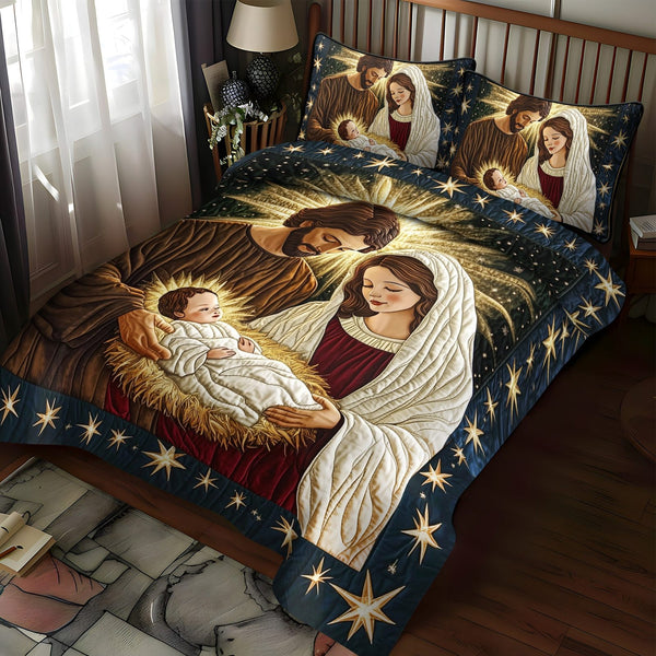 Star of Bethlehem quilted 3-piece bedding set on a made bed with two matching pillow shams
