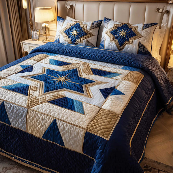 Star of David quilted 3-piece bedding set on a made bed with two matching pillow shams