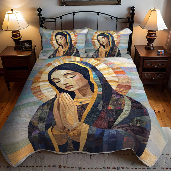 Star of Devotion quilted 3-piece bedding set on a made bed with two matching pillow shams
